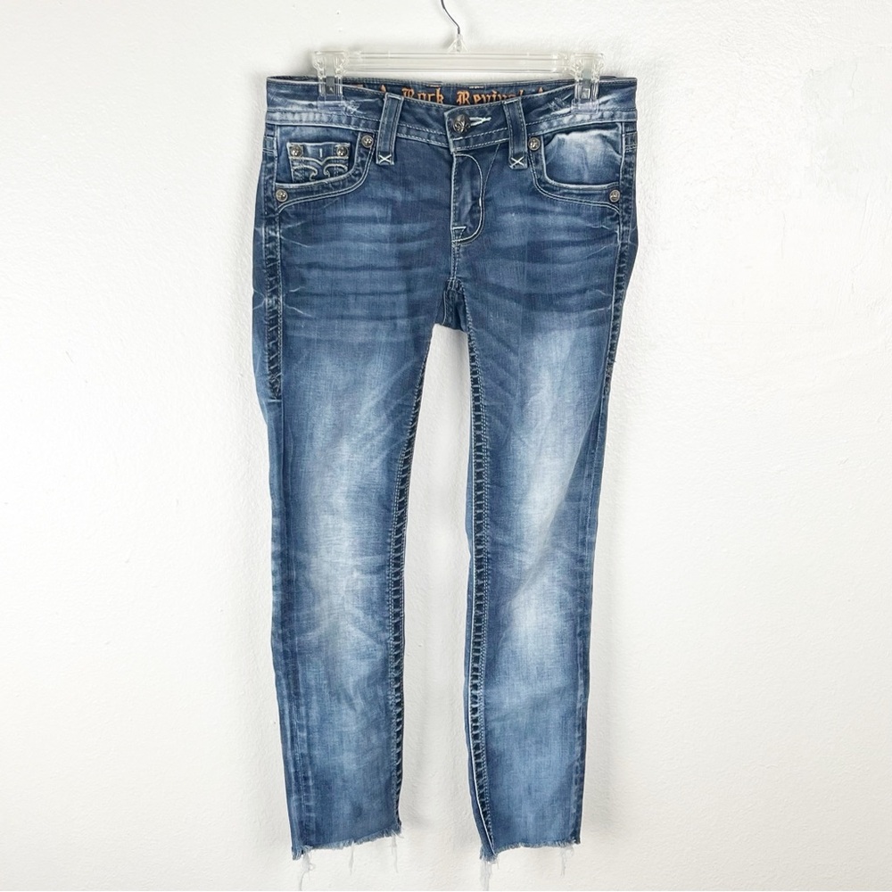 ROCK REVIVAL Alivia Blue Light Distressed Fray Hem Skinny Jeans 2 Boho Festival